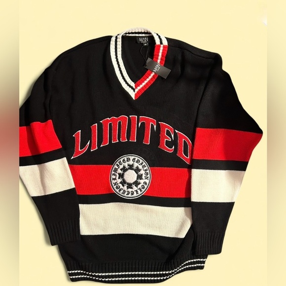 Boohoo MAN Limited Varsity V-Neck Knit Sweater NWT – Men’s XS Black Red White - Picture 2 of 7